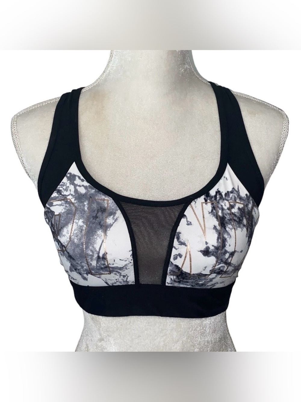 PINK Victoria’s Secret Ultimate Womens S Black White Marble Mesh Sports Bra